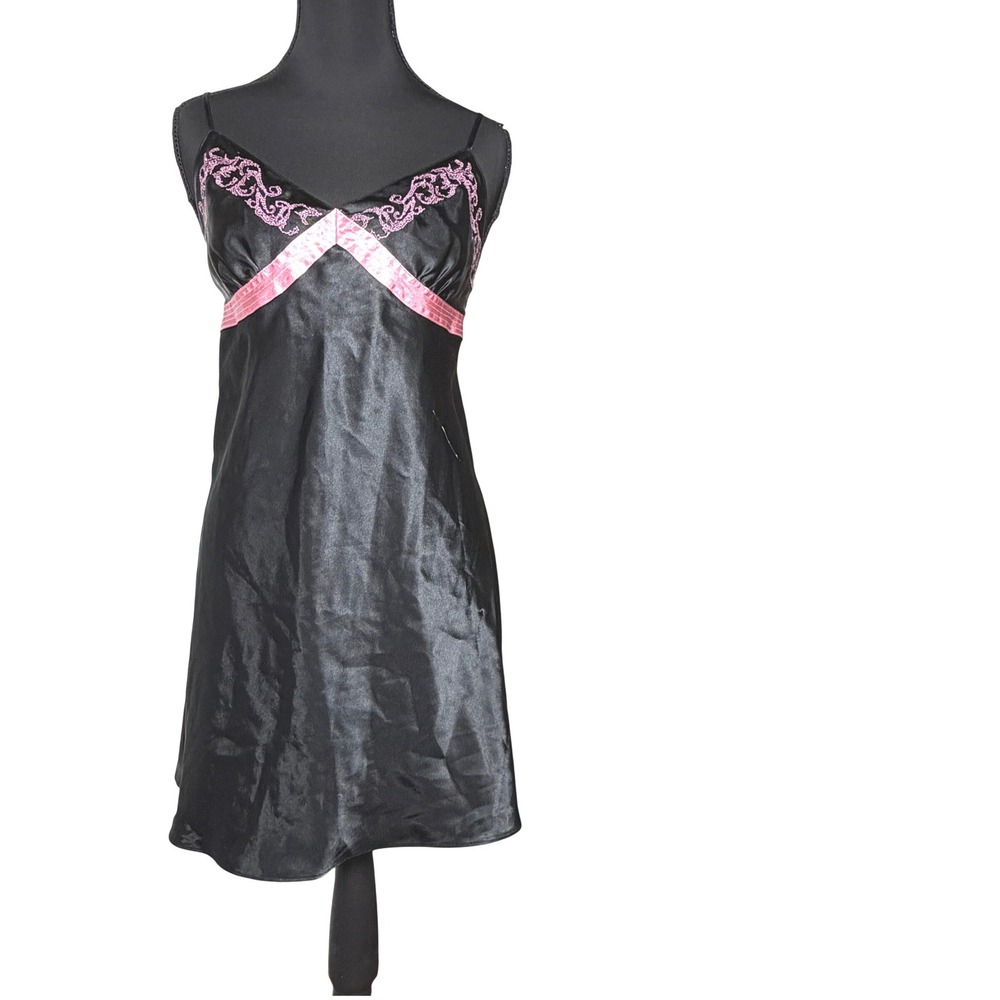 Morgan Taylor Intimates L Black Pink‎ Satin Slip Dress Y2k Babydoll Whimsigoth